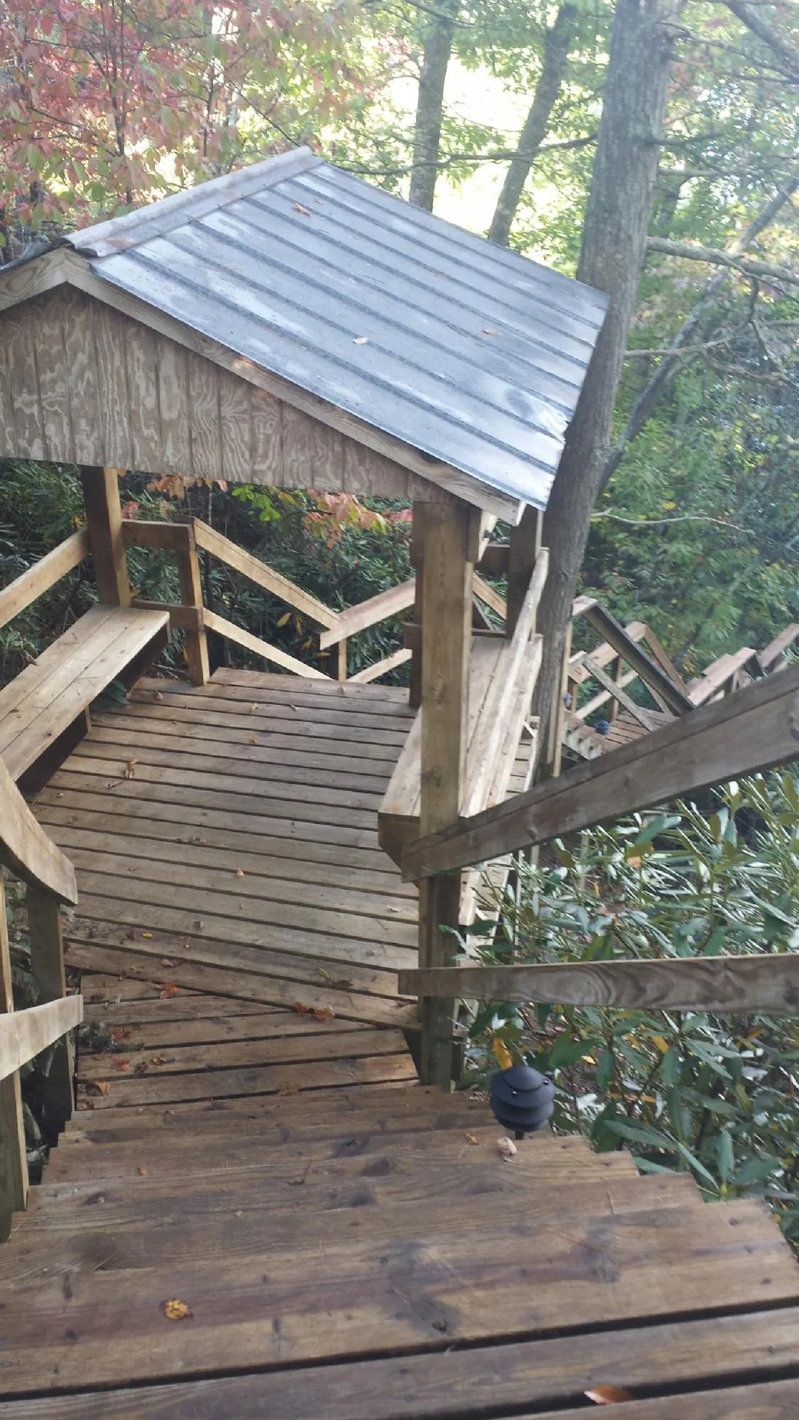 Metal roofed shelter over wooden steps on a wooded walkway — Skylight Repair & Installation work by our crew in Prophetstown